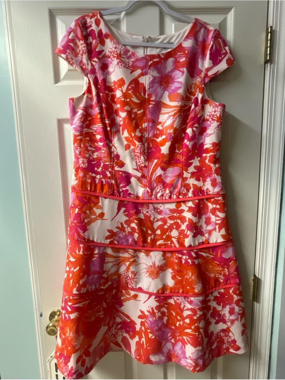 Sandra Darren Womens 16 Colorful Floral Lined A-Line Dress with Belt